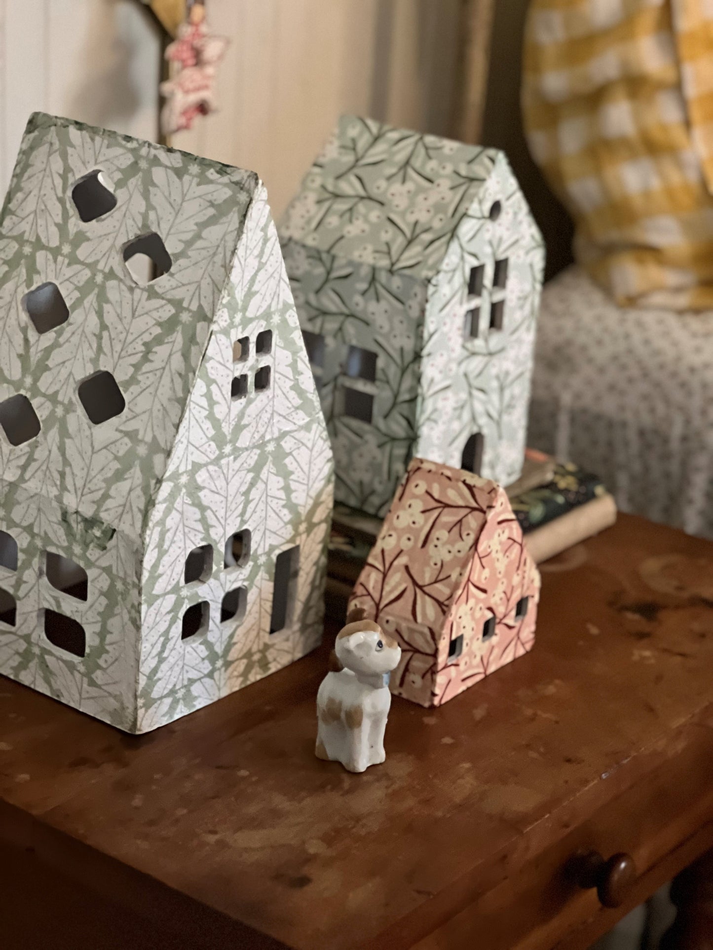 set of 3 adorable paper mache houses