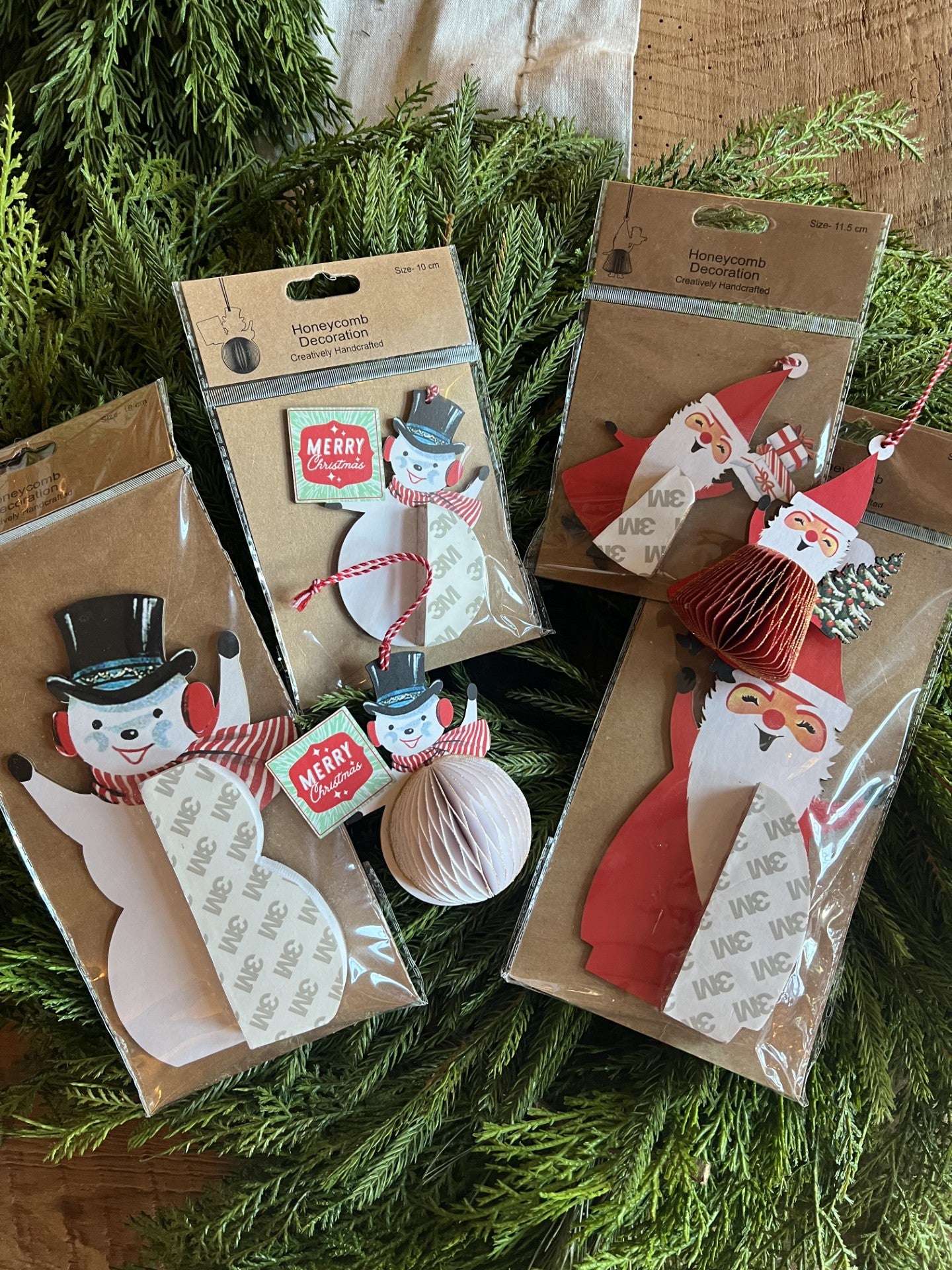 cutie honeycomb santa and snowman ornaments