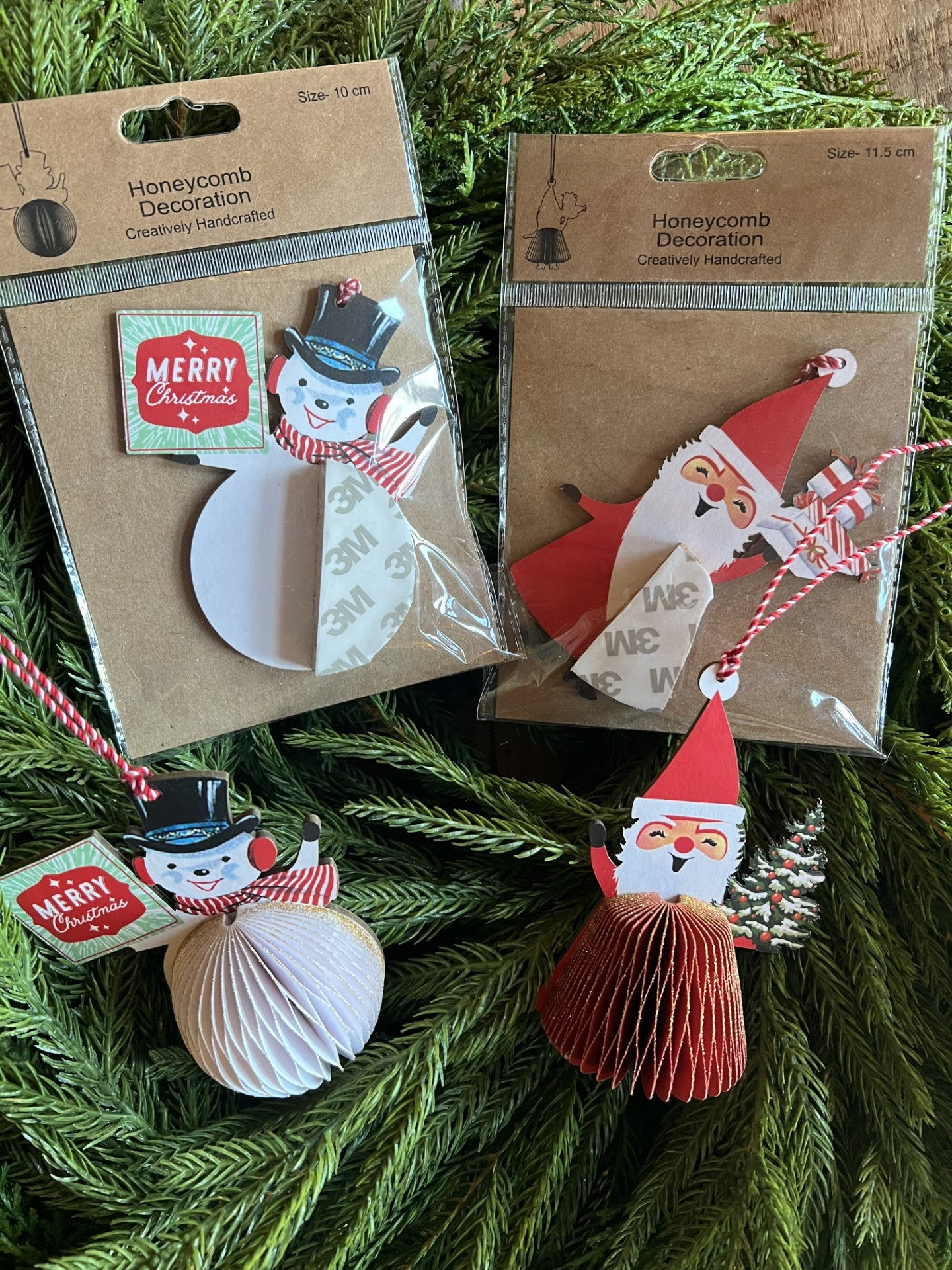 cutie honeycomb santa and snowman ornaments