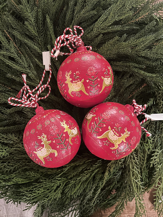 set of 3 adorable paper mache reindeer ornaments