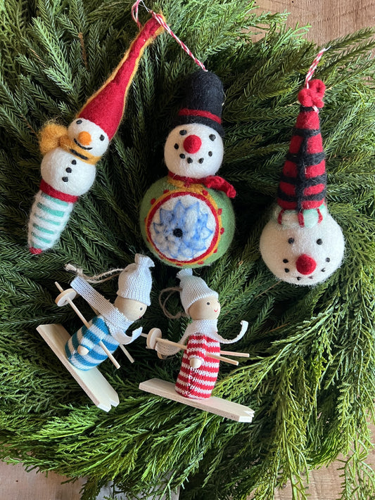 cute felt ornaments--set of 3 adorable wool snowmen or set 2 cutie striped snow skiers