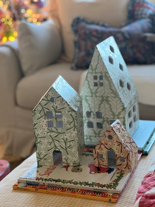 set of 3 adorable paper mache houses