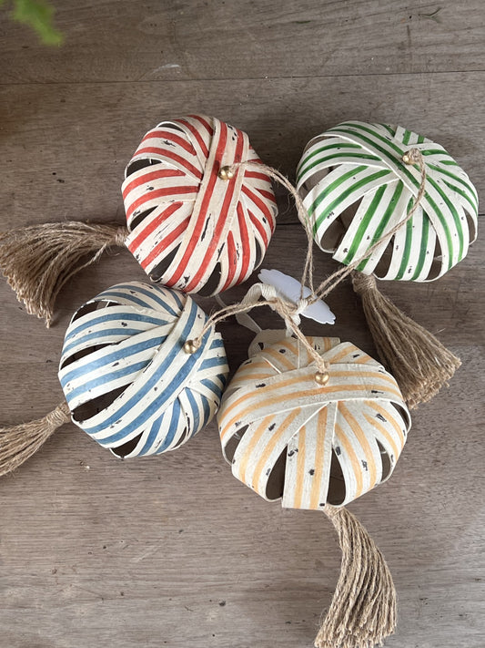 oh so fun paper ball ornament with wood bead and tassel--set of 4